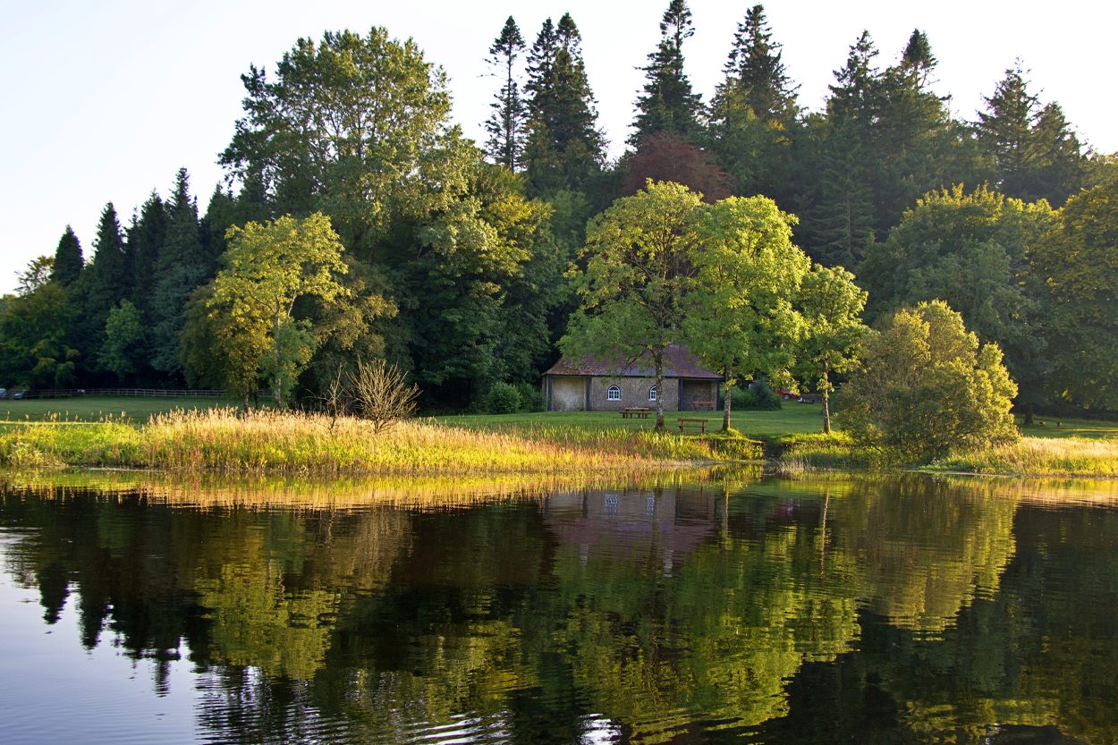 Quiet lake with a wooded shoreline and waterfront home near Briceville, Tennessee