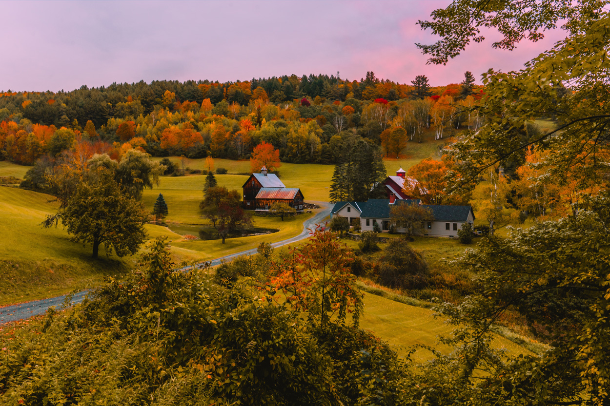 Rural homes and fields surrounded by autumn hills near Corryton, Tennessee
