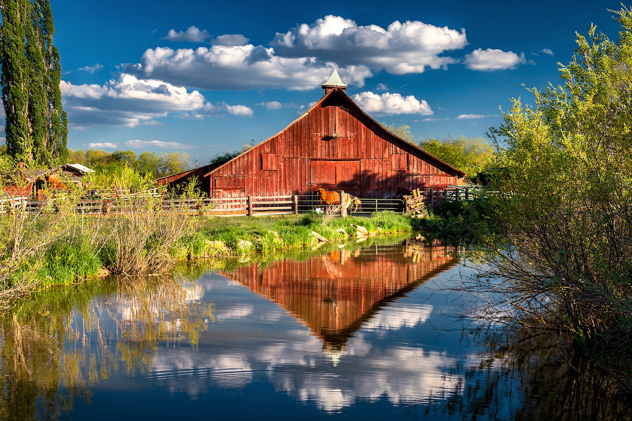 Red barn reflected in a peaceful pond near Friendsville, Tennessee