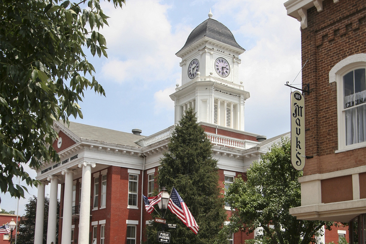 Historic clock tower and downtown buildings in Jefferson City, Tennessee