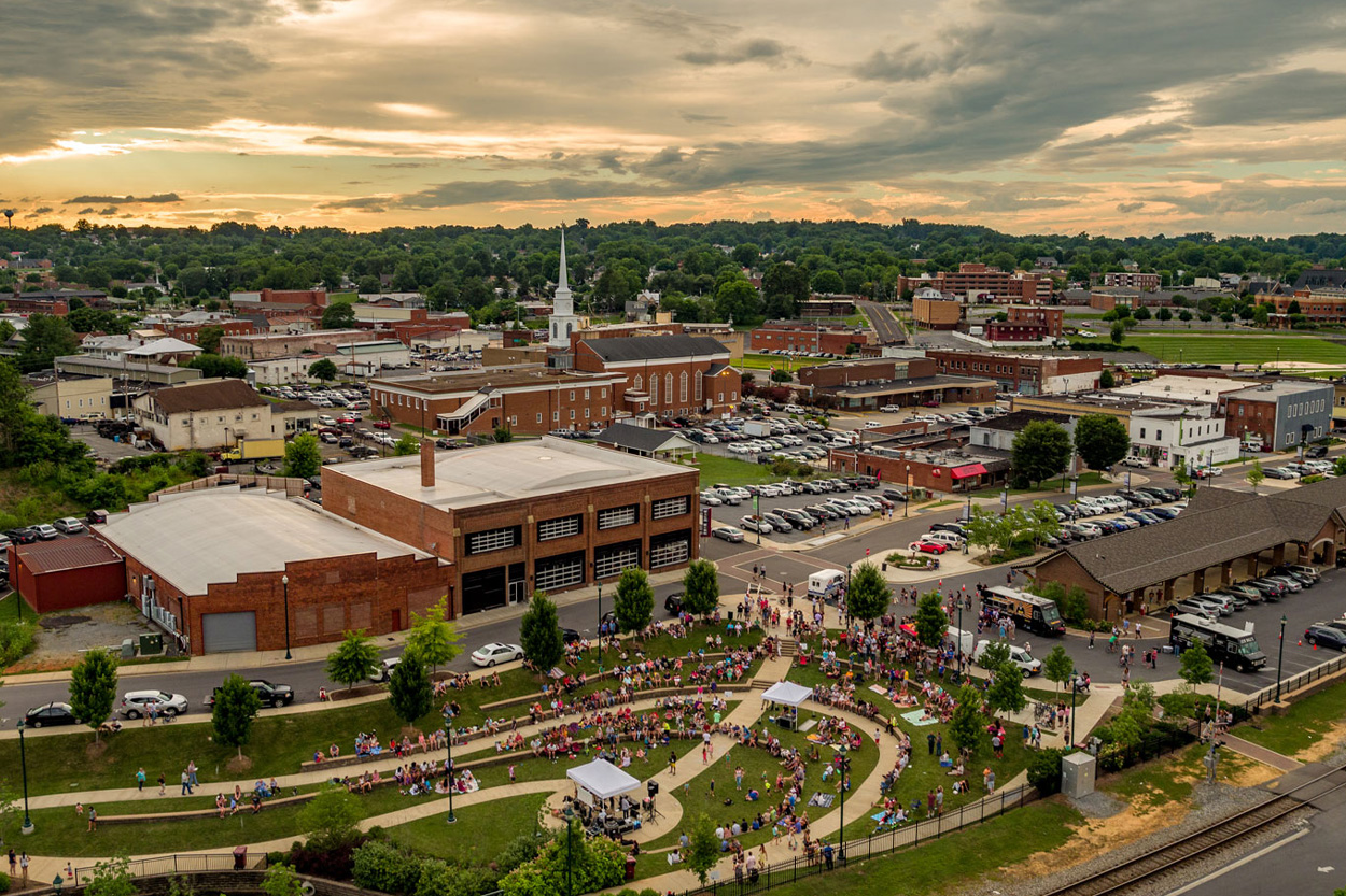 Aerial view of Downtown Johnson City and its surrounding East Tennessee hills