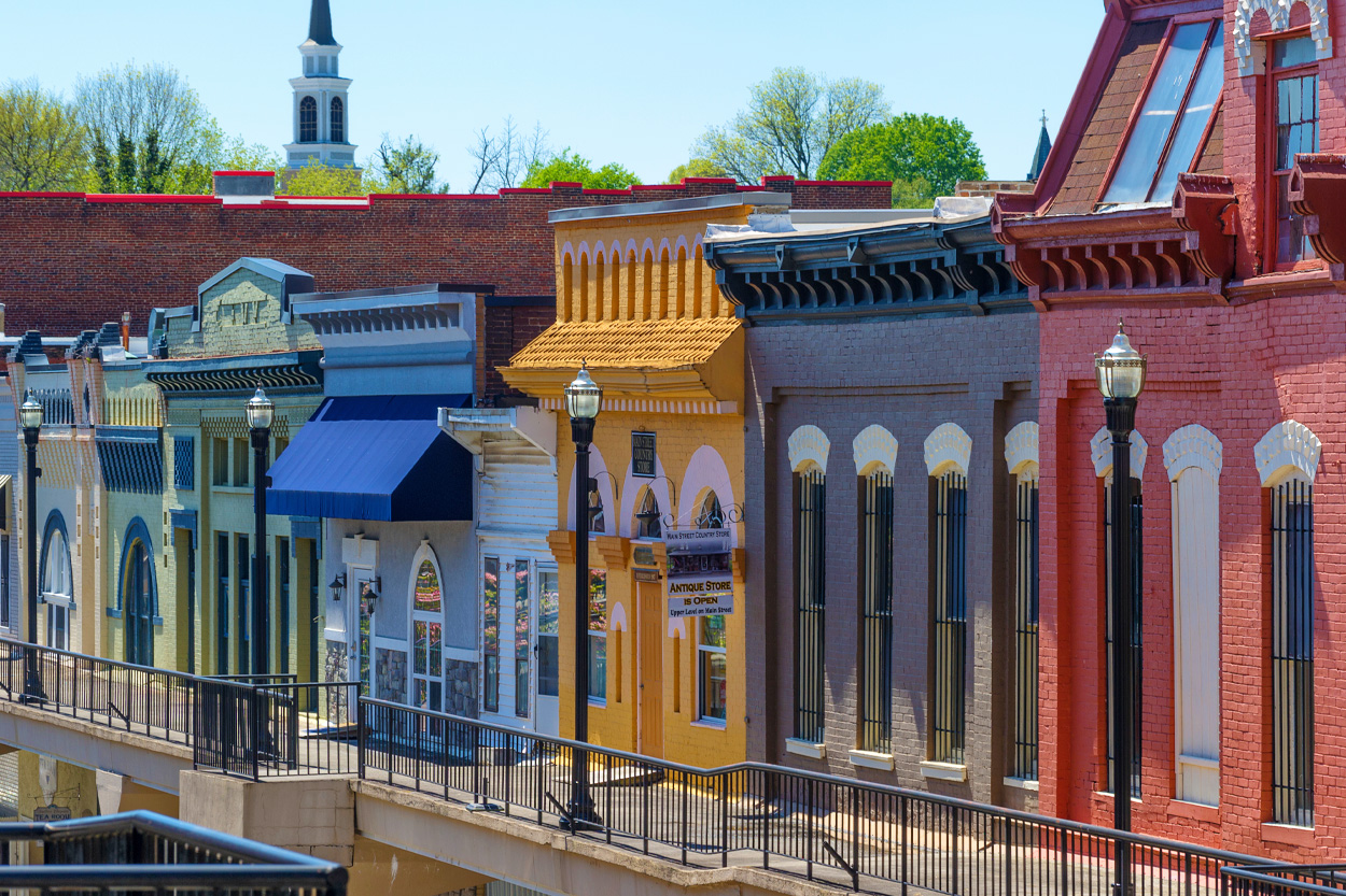 Colorful storefronts along a downtown Morristown streetscape in Hamblen County, Tennessee