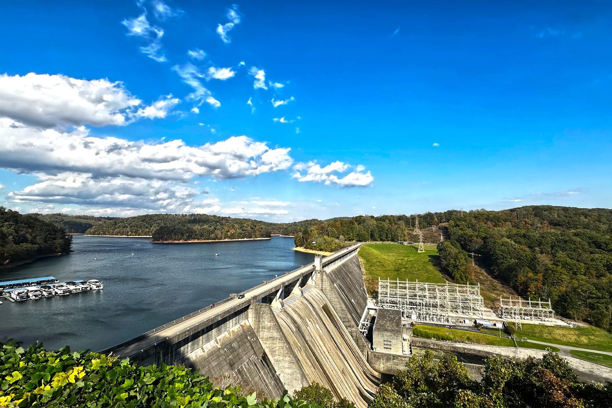 Norris Dam overlooking Norris Lake and wooded hills in Anderson County, Tennessee