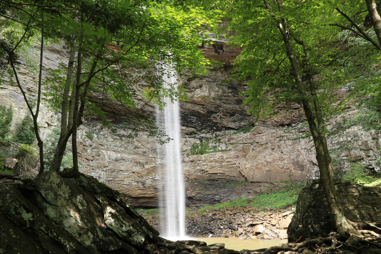 Ozone Falls cascading over a rocky cliff in Ozone, Tennessee