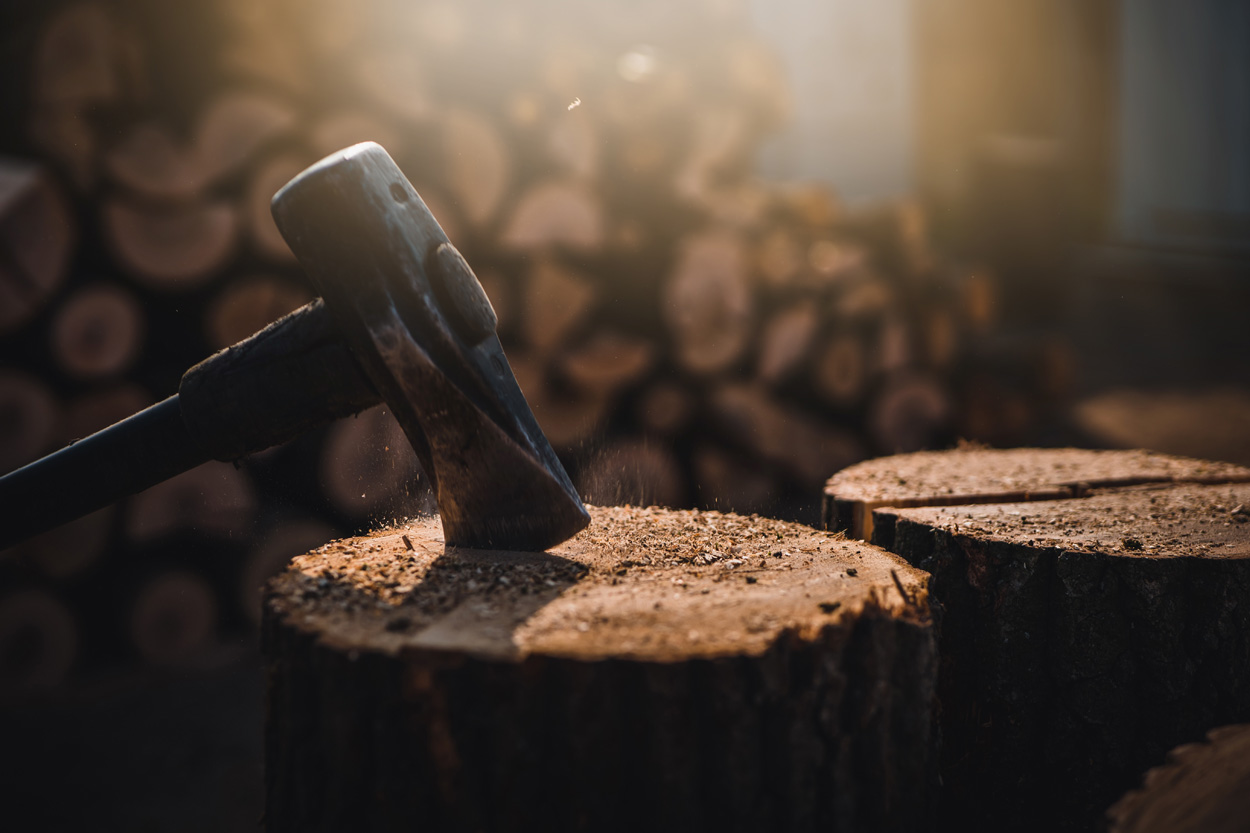 Axe embedded in a cut log representing the rural heritage of Pall Mall, Tennessee