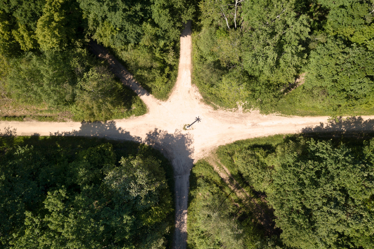 Aerial view of intersecting rural roads representing historic Smiths Crossroads in Dayton, Tennessee