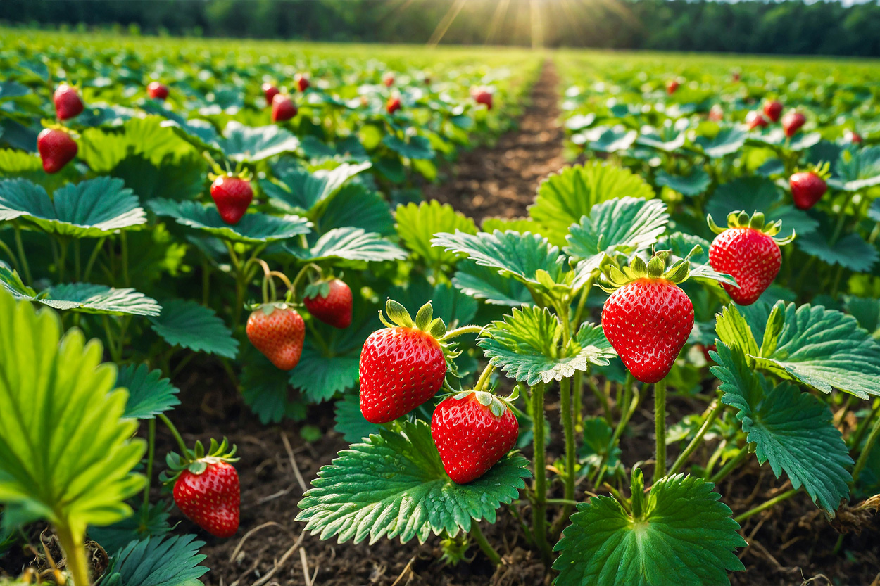 Rows of ripe strawberries representing Strawberry Plains, Tennessee