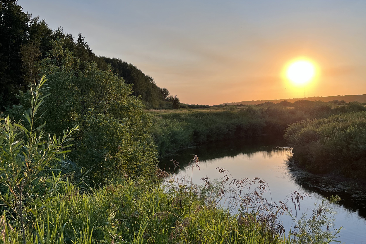 Sunset over a peaceful pond and green countryside near Talbott, Tennessee