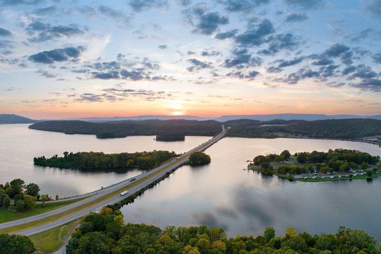 Aerial view of the Tennessee River winding through the East Tennessee landscape
