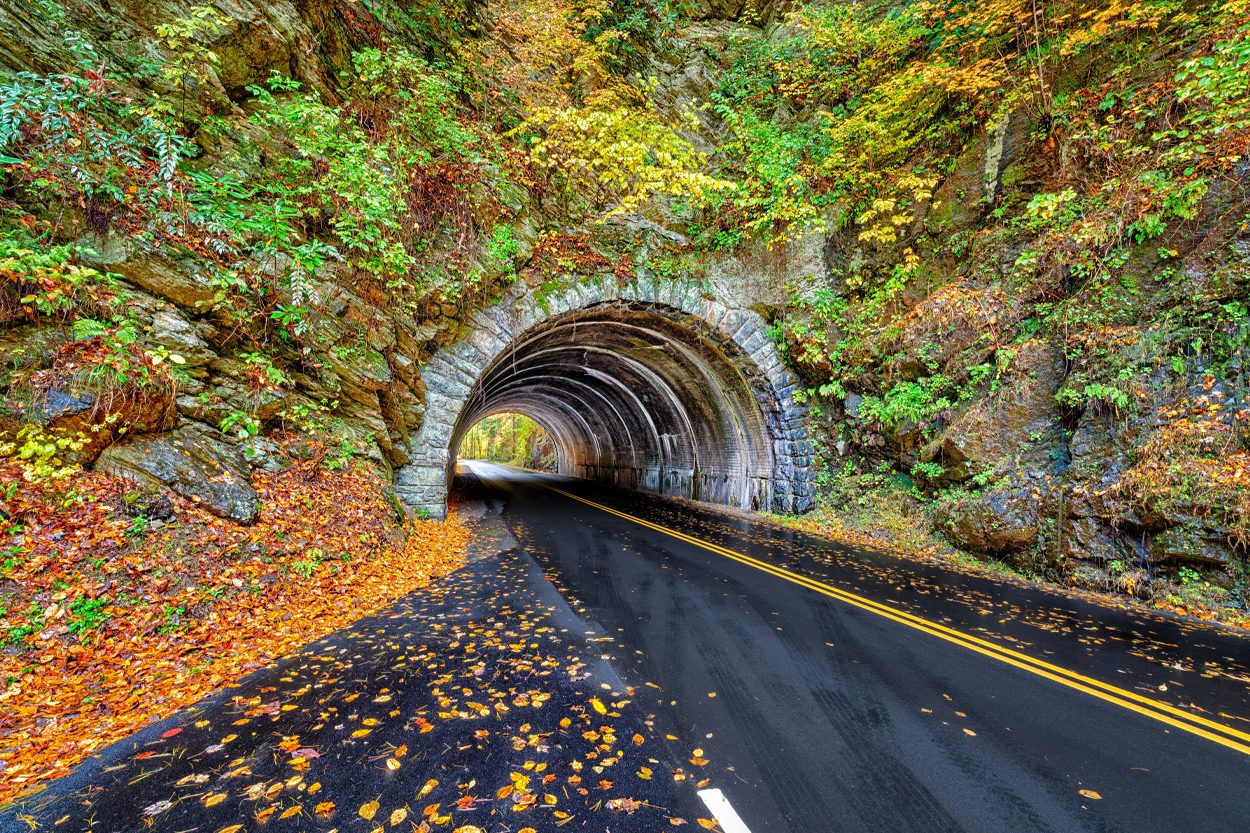 Scenic mountain road passing through a stone tunnel near Townsend, Tennessee, during autumn