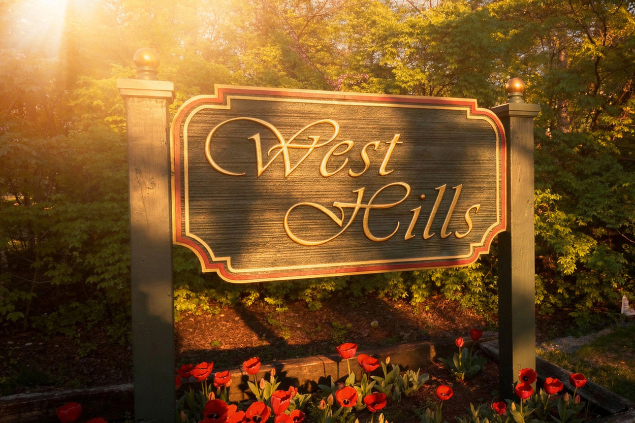 West Hills neighborhood entrance sign surrounded by flowers in Knoxville, Tennessee