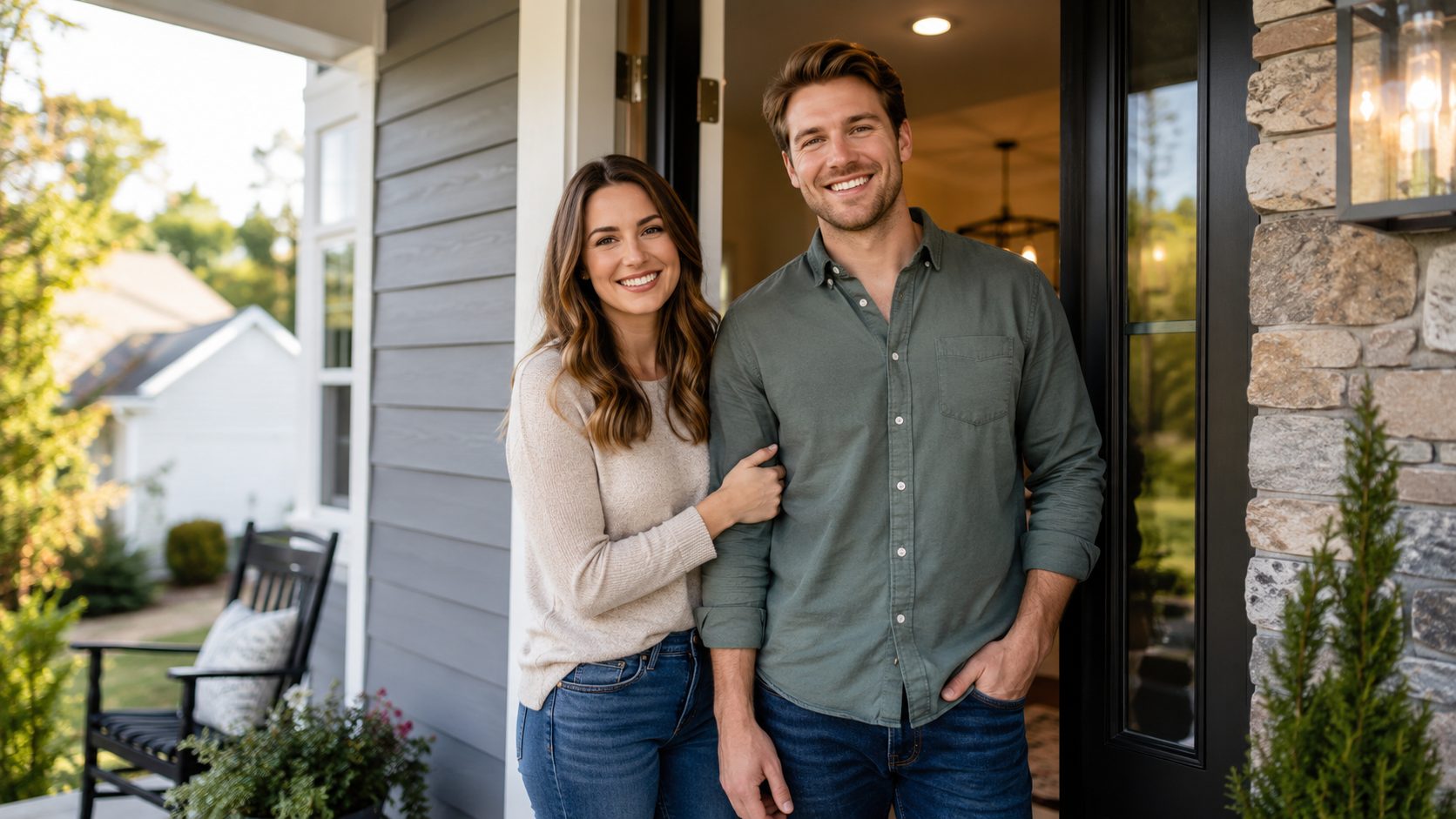 First-time home sellers standing outside a home in East Tennessee