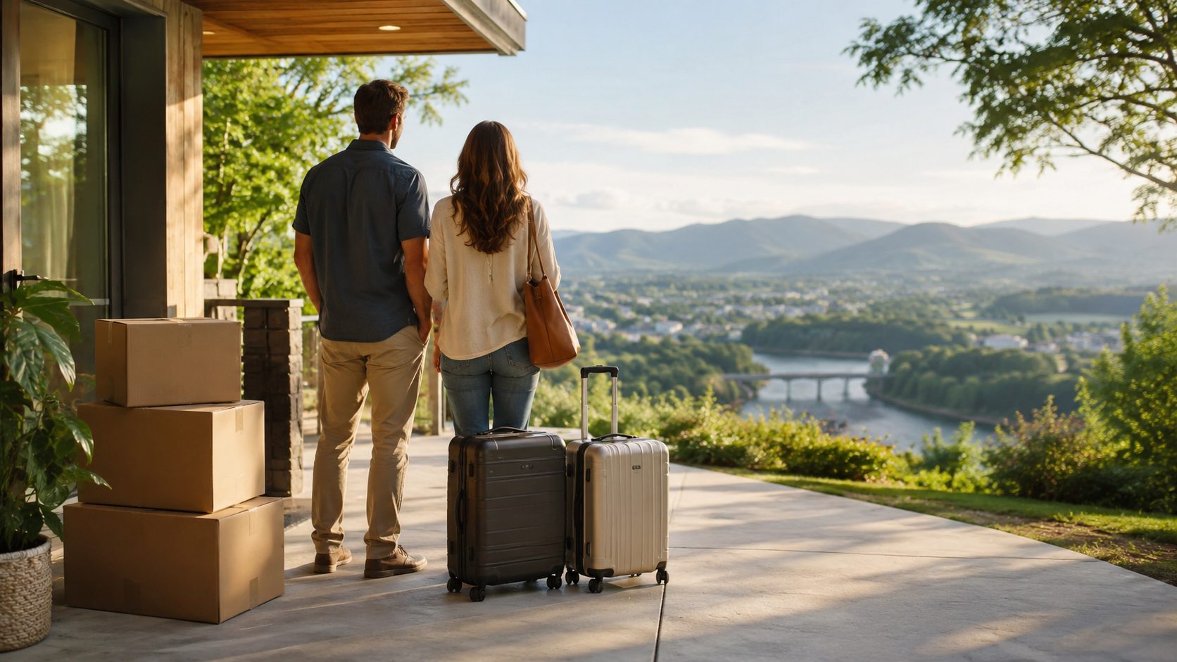 Relocation sellers with luggage and moving boxes overlooking East Tennessee