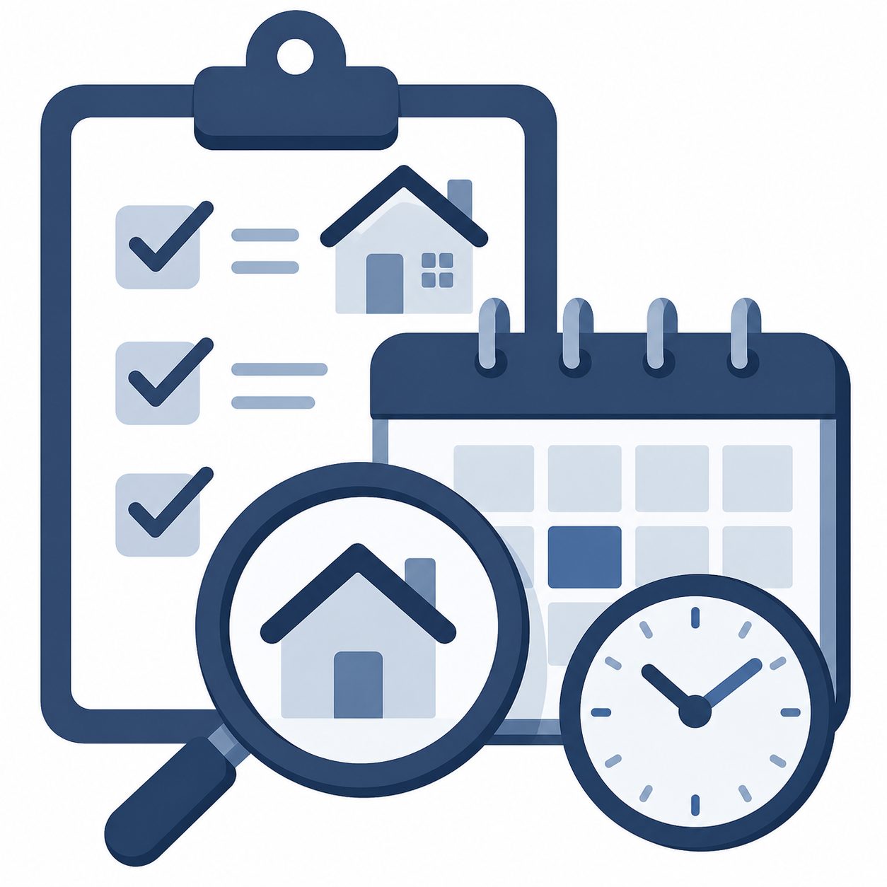 Icon showing a checklist, calendar, clock, and home search symbol representing search strategy and timing