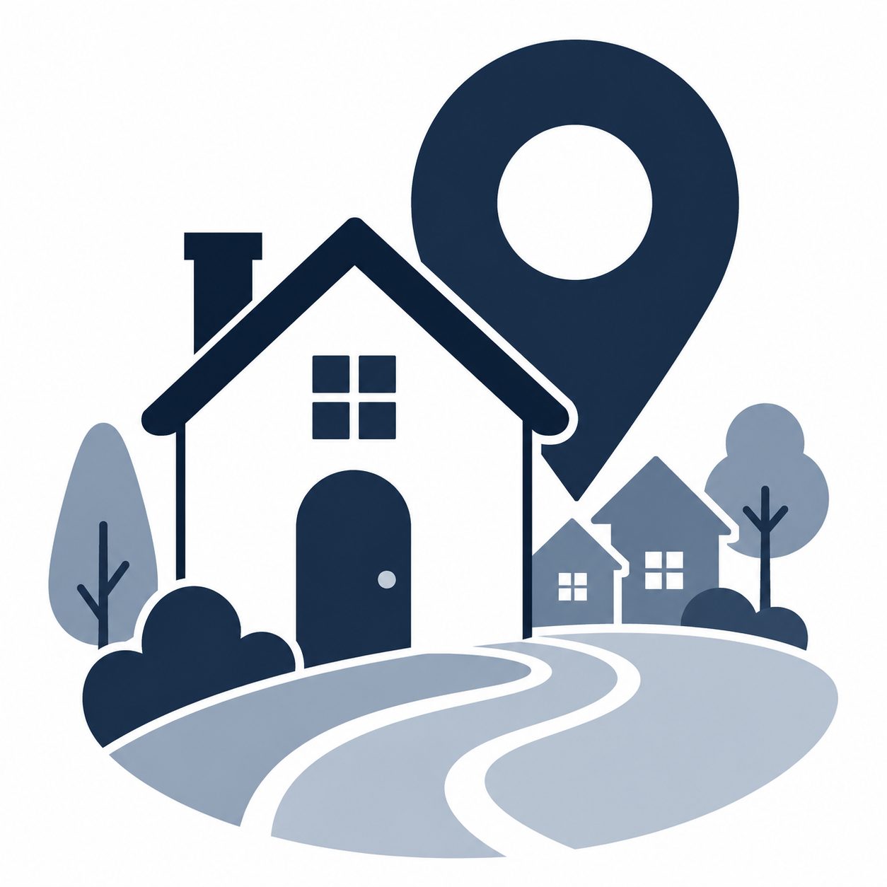 Icon showing a house, map pin, and neighborhood path representing location when comparing homes