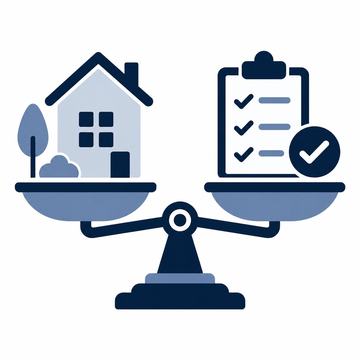 Icon showing a house and checklist on a balance scale representing tradeoffs when comparing homes