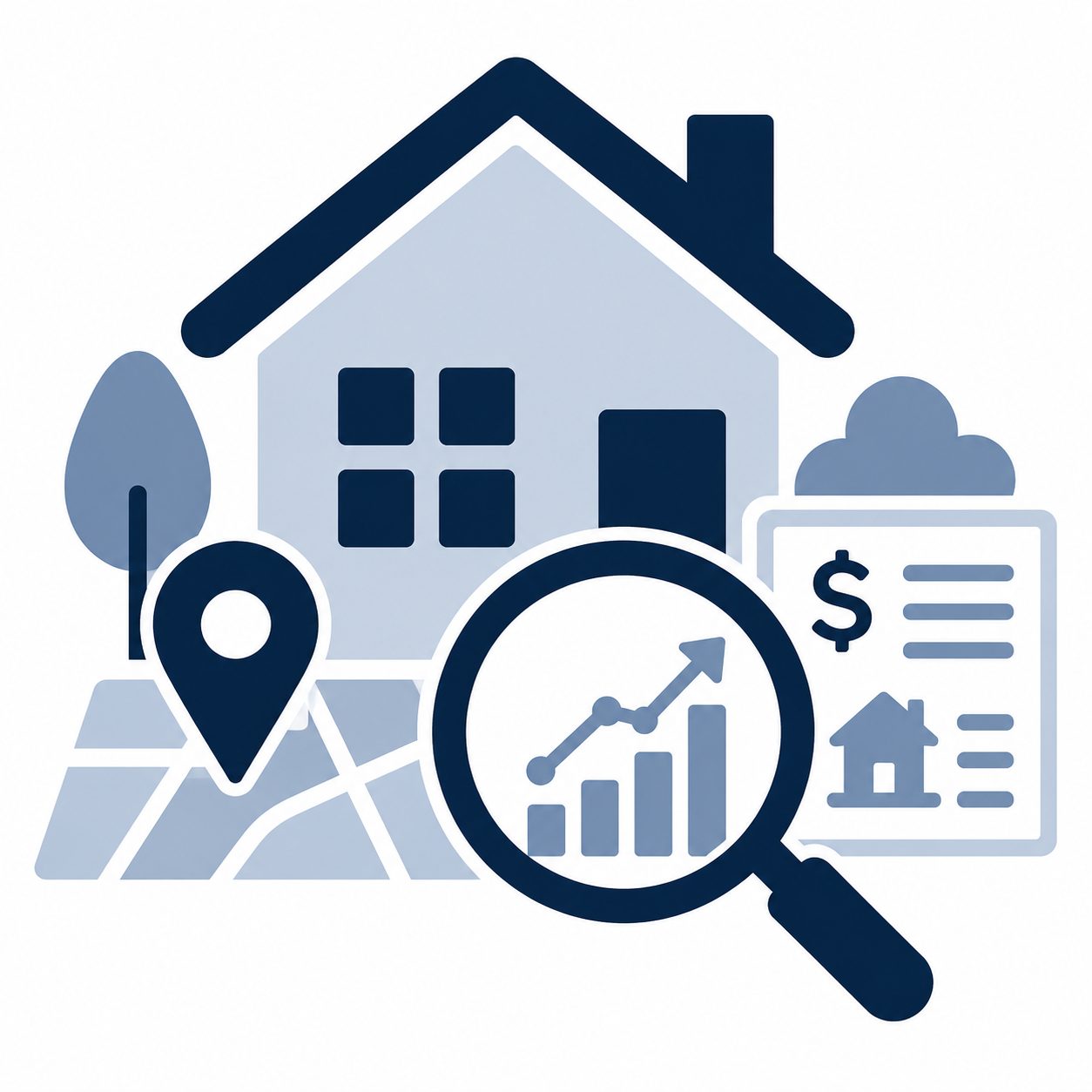 Icon showing a home, map pin, market chart, and magnifying glass representing local market context