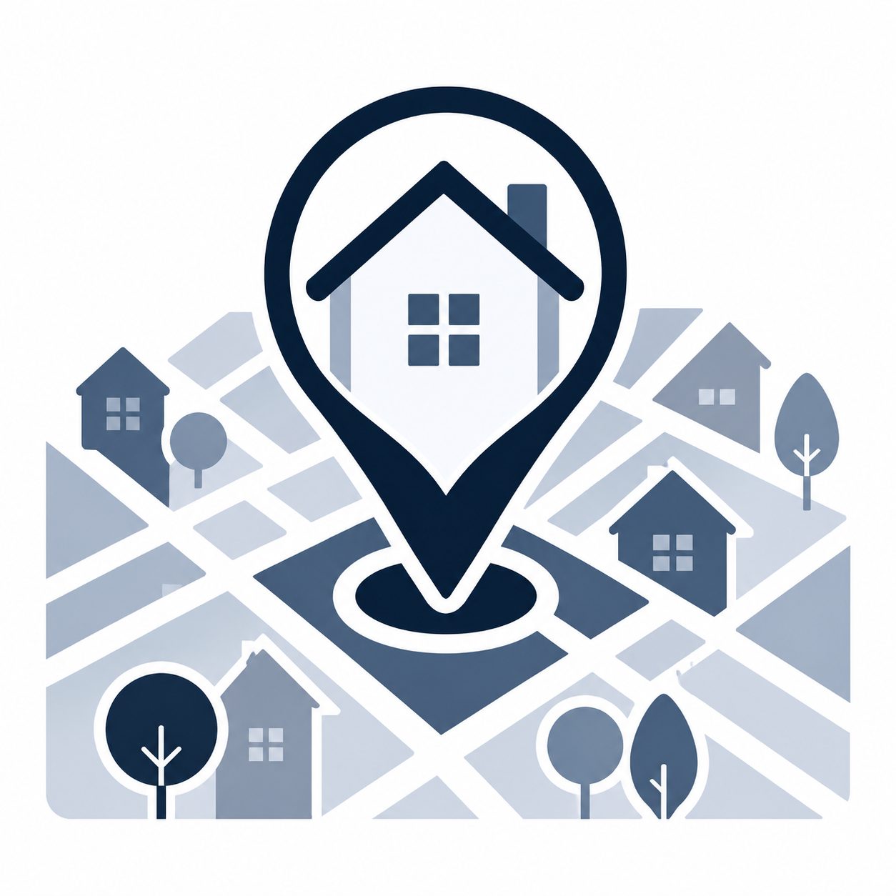 Icon showing a home on a neighborhood map representing value planning before buying another home