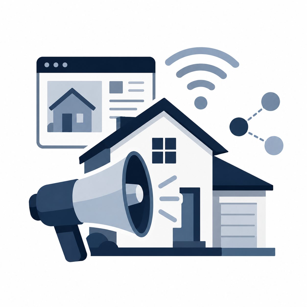 Icon showing a home with digital promotion elements representing a real estate marketing plan