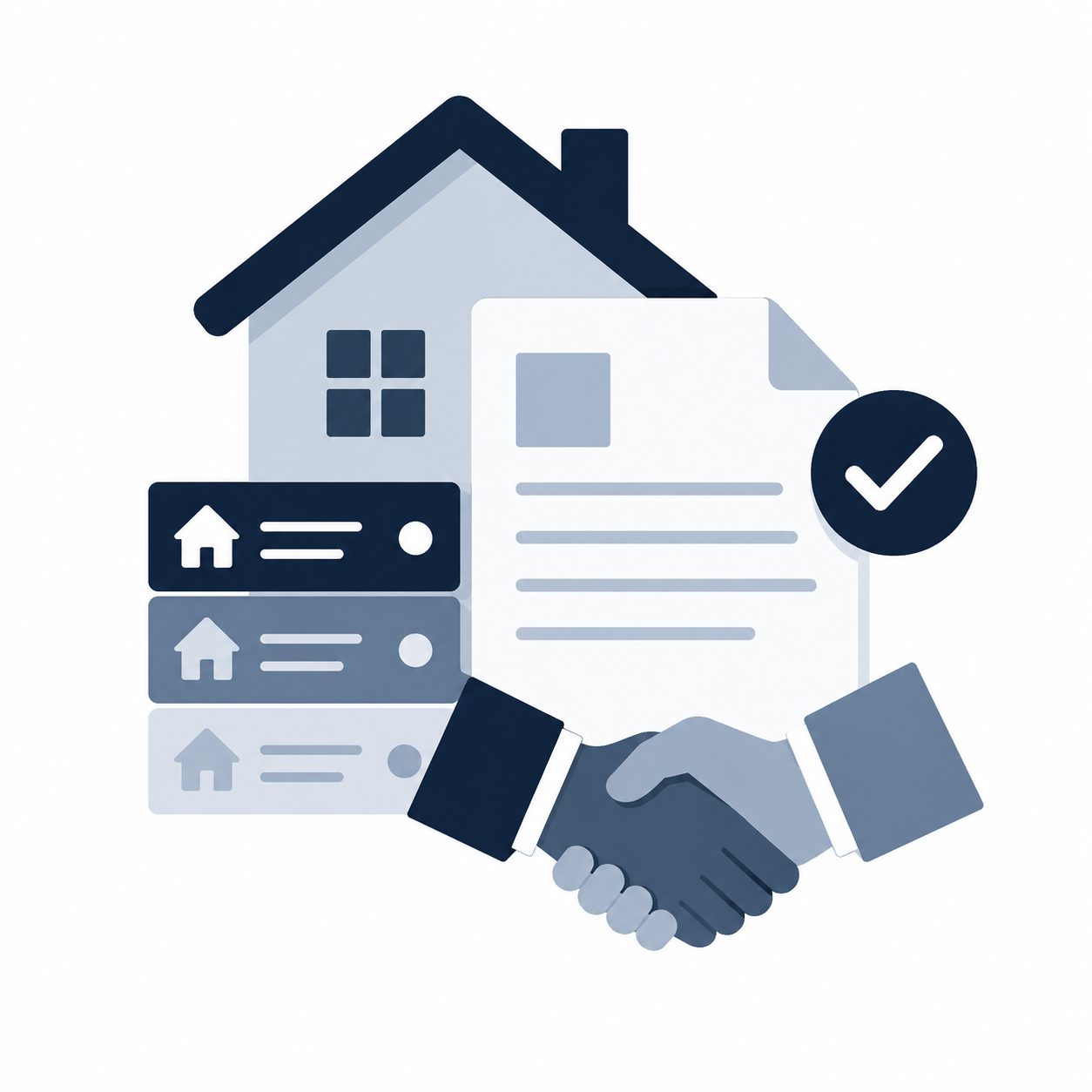 Icon showing a home, agreement document, checklist, and handshake representing seller offer expectations