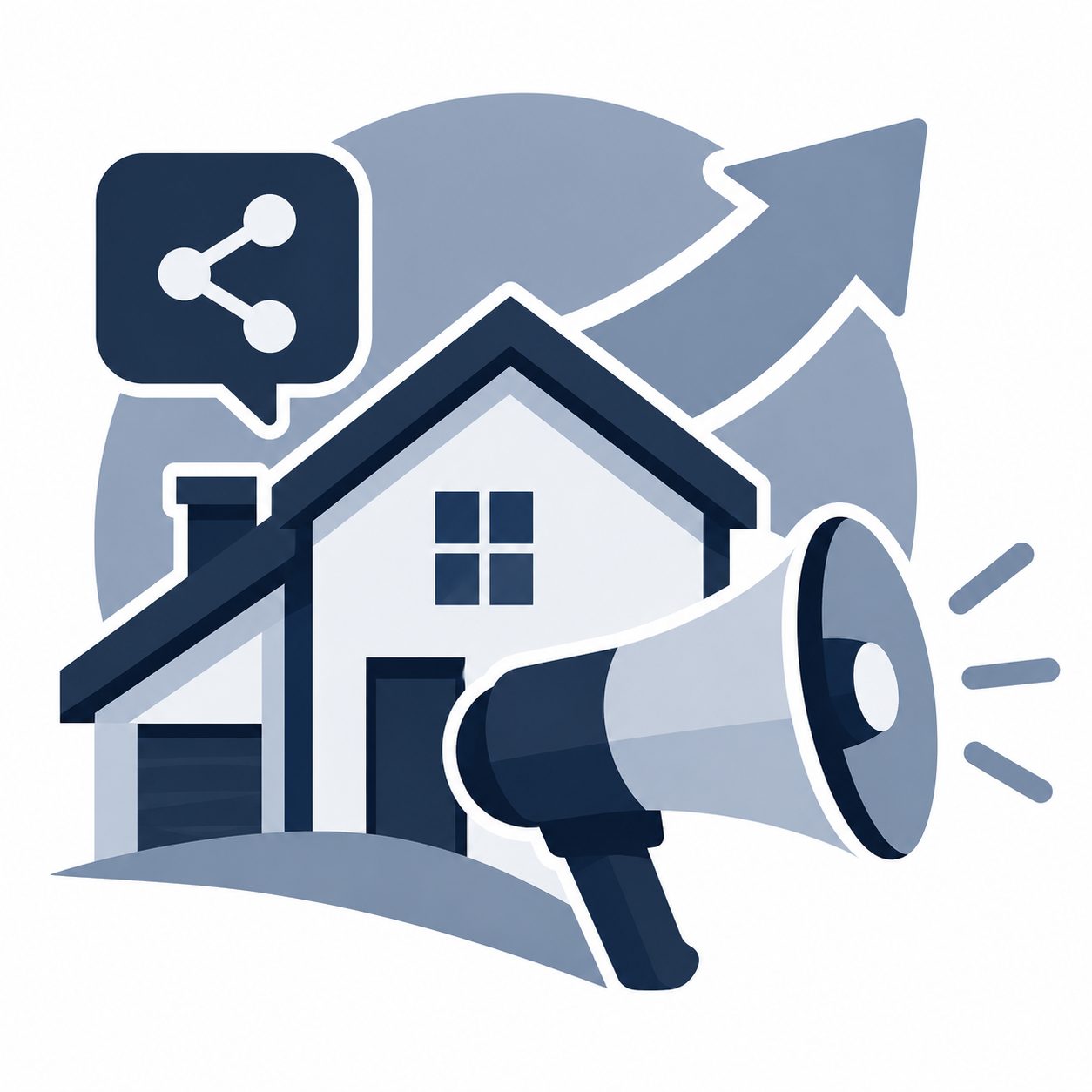 Icon showing a home, megaphone, share symbol, and upward arrow representing digital listing promotion