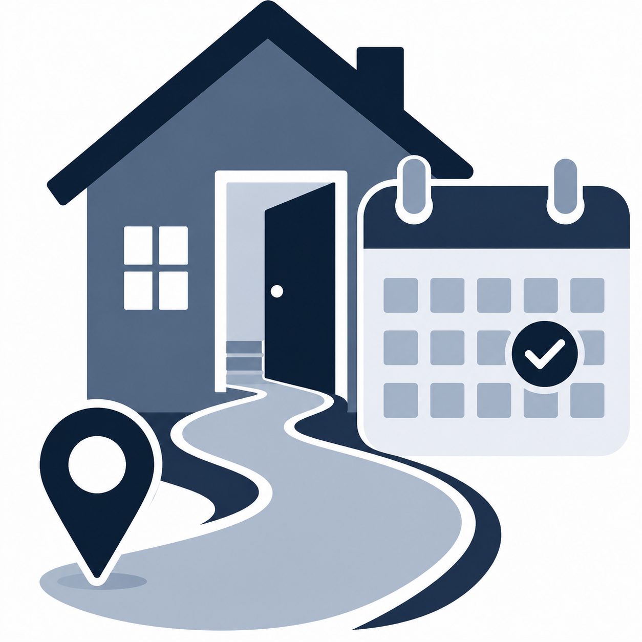 Icon showing a home, calendar, checkmark, and location marker representing listing schedule and showing coordination