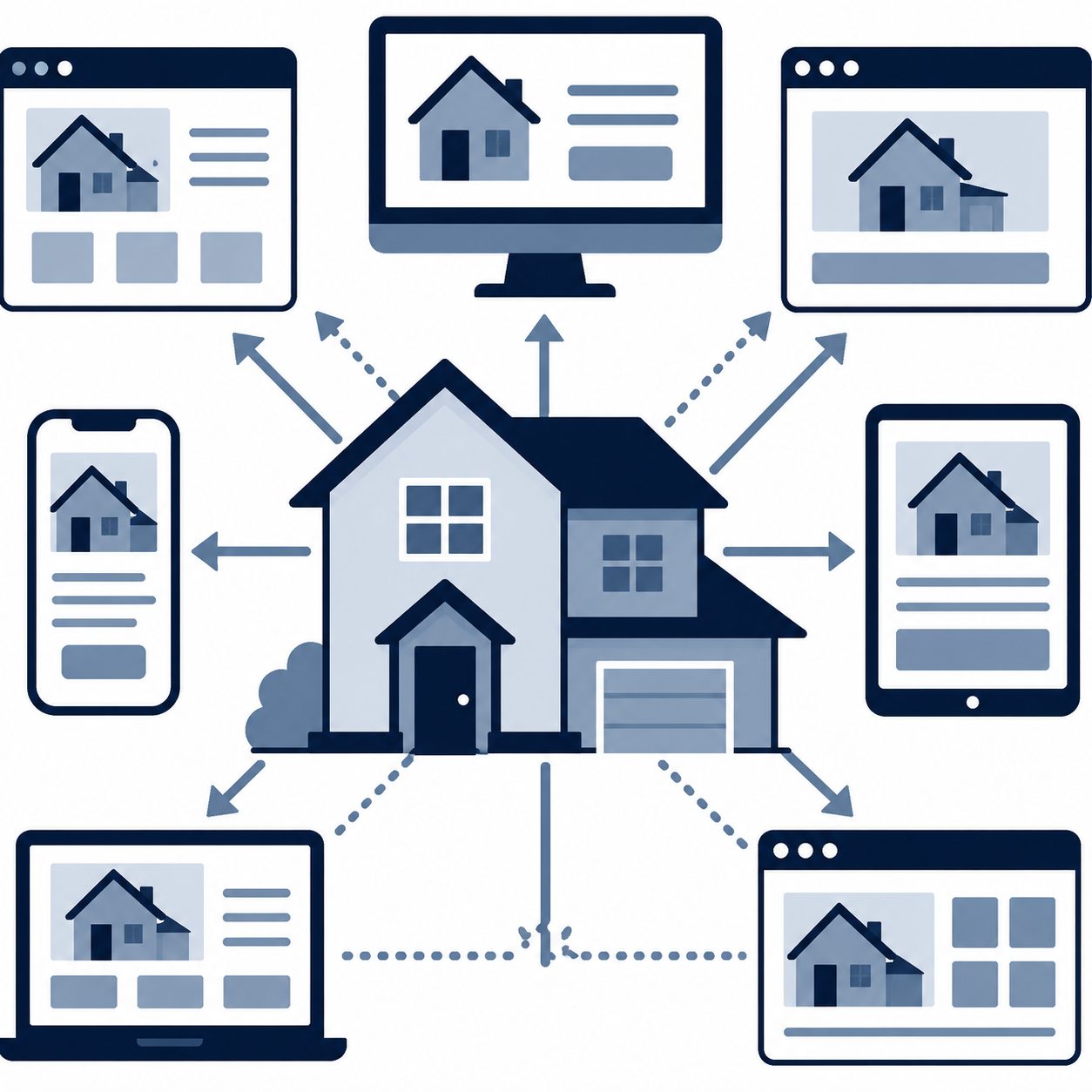 Icon showing a home distributed across online listing screens representing buyer interest and listing engagement