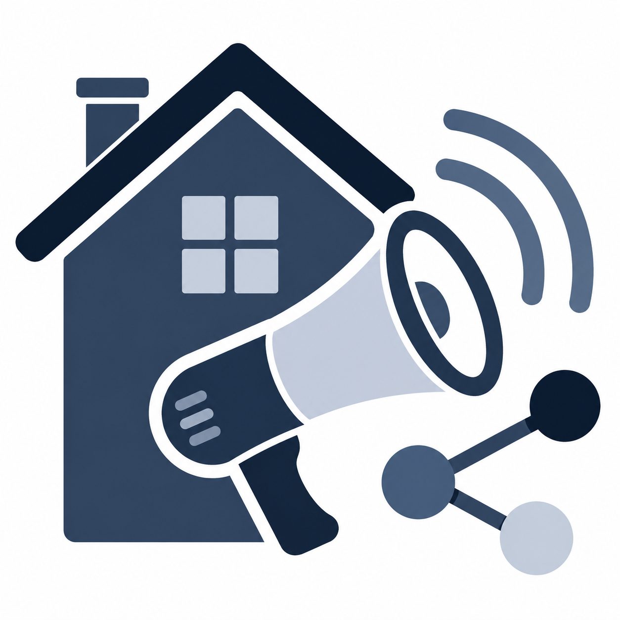 Icon showing a home, megaphone, and connected communication nodes representing buyer feedback after showings