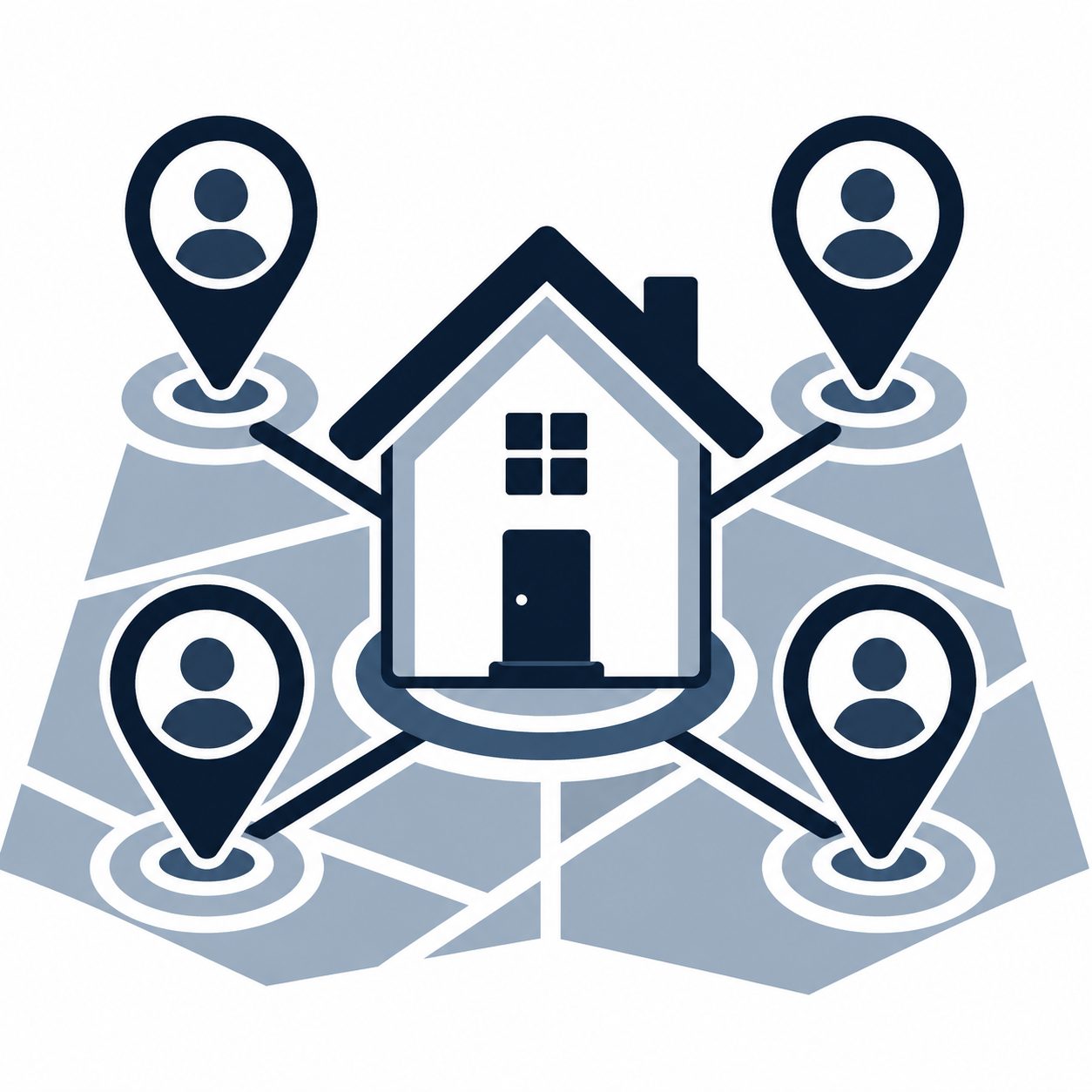 Icon showing a home on a map with multiple location pins representing competing listings and market activity