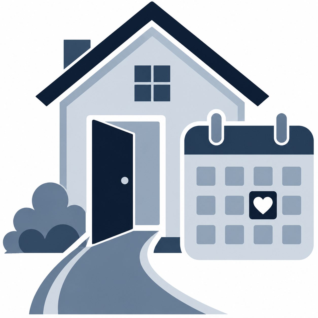 Icon showing a home with an open door and calendar representing showing activity and buyer appointments