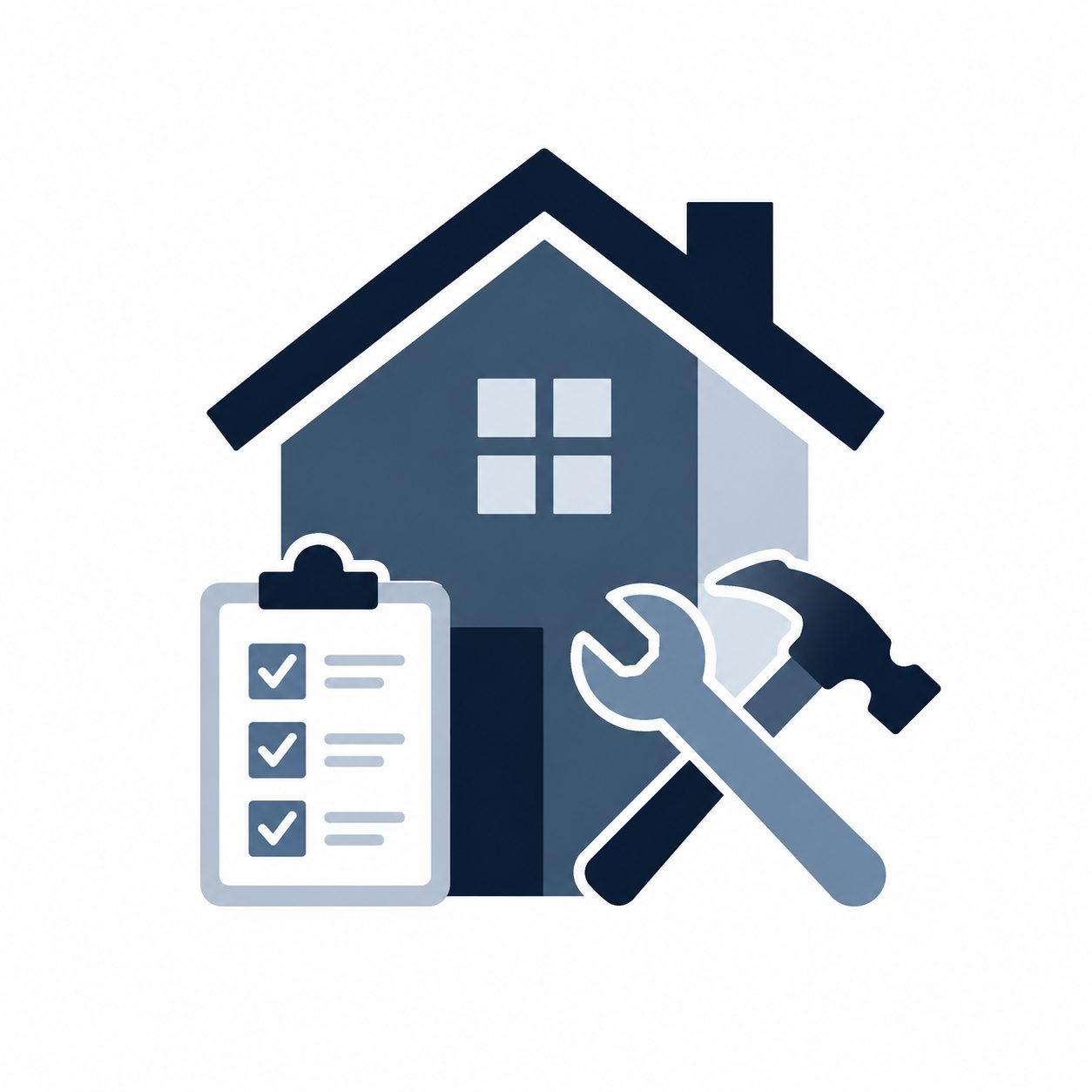 Icon showing a home, repair tools, and checklist representing simple repairs before selling