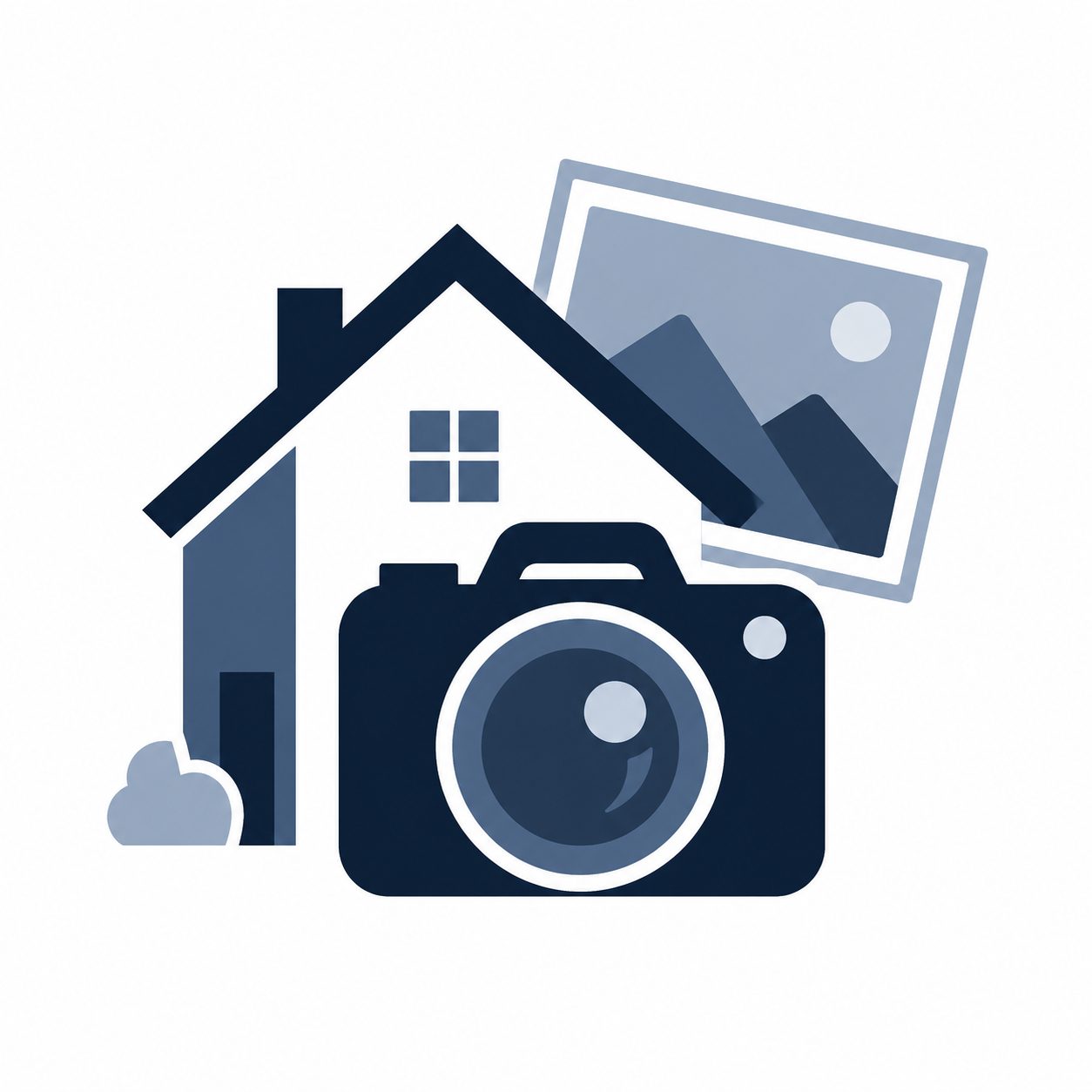 Icon showing a camera, home, and photo frame representing real estate photography readiness