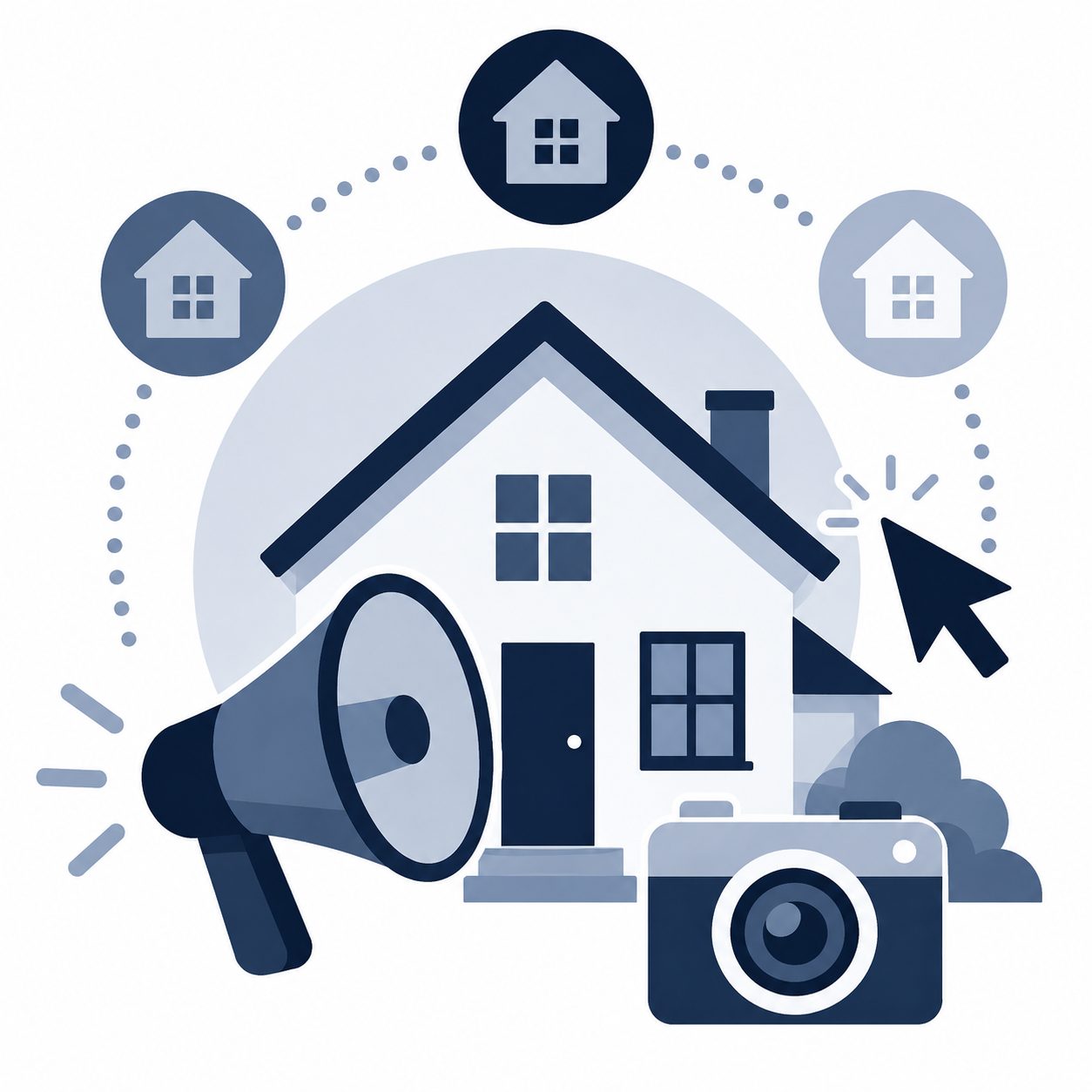 Icon representing digital real estate marketing and online listing exposure for sellers