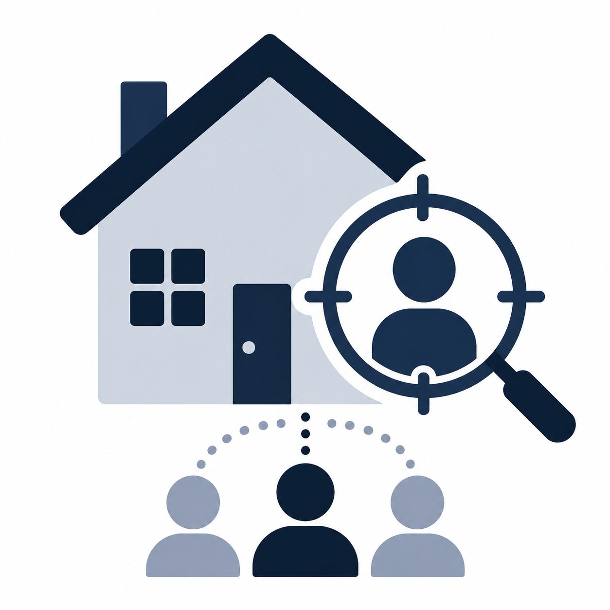 Icon showing a home, buyer profile, magnifying glass, and buyer group symbols representing likely buyer targeting