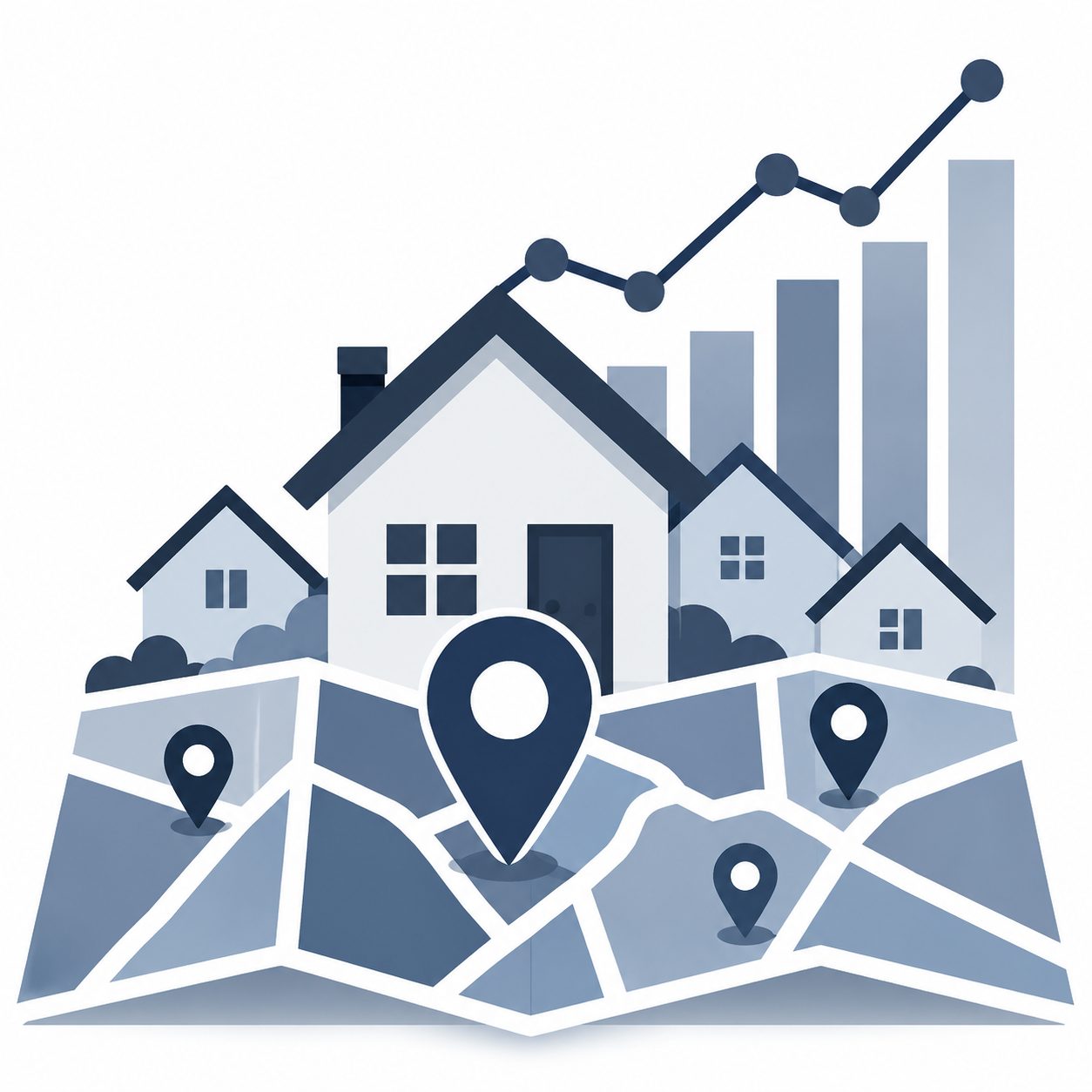 Icon showing a map, location pins, homes, and market growth chart representing local real estate market context