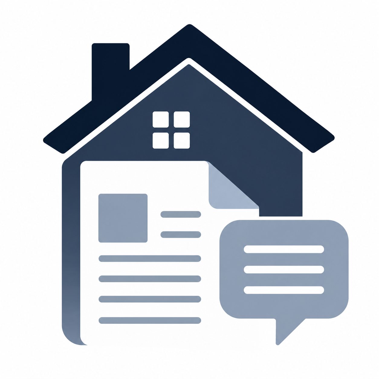 Icon showing a home, listing document, and message bubble representing the listing message for home marketing