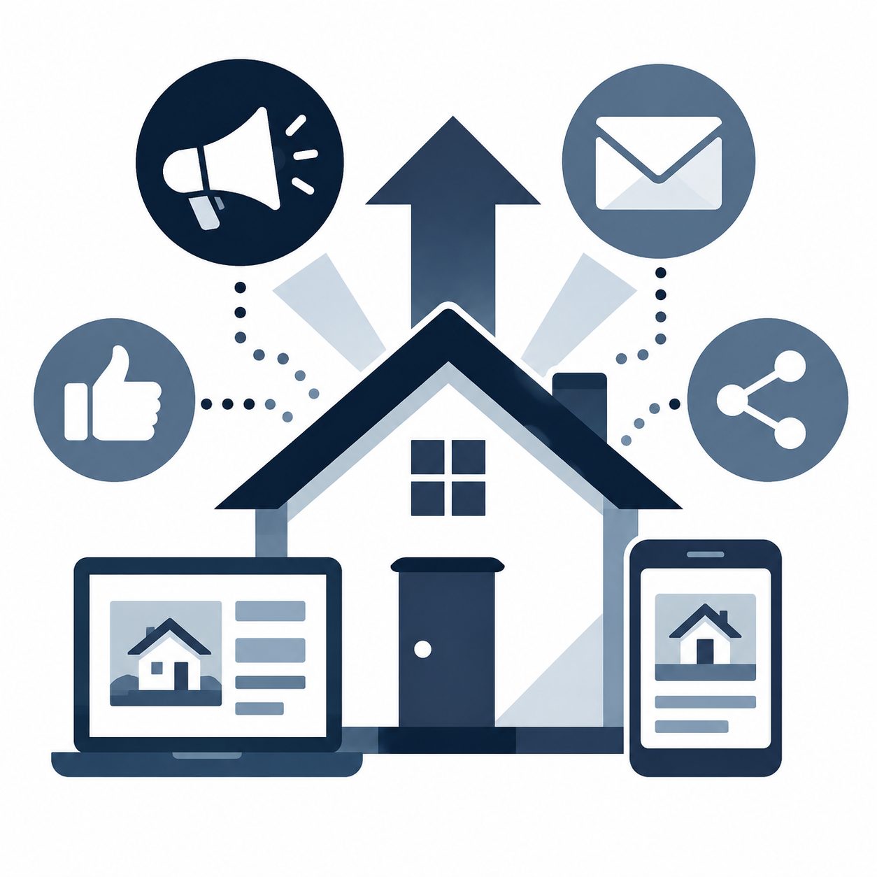 Icon showing a home with digital marketing, email, share, laptop, phone, and promotion symbols representing real estate promotion strategy