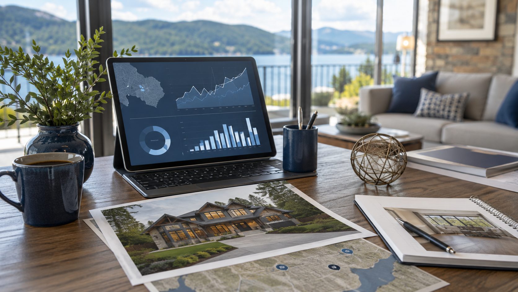 Real estate marketing response workspace with listing analytics, property photos, map, market charts, and East Tennessee lake view