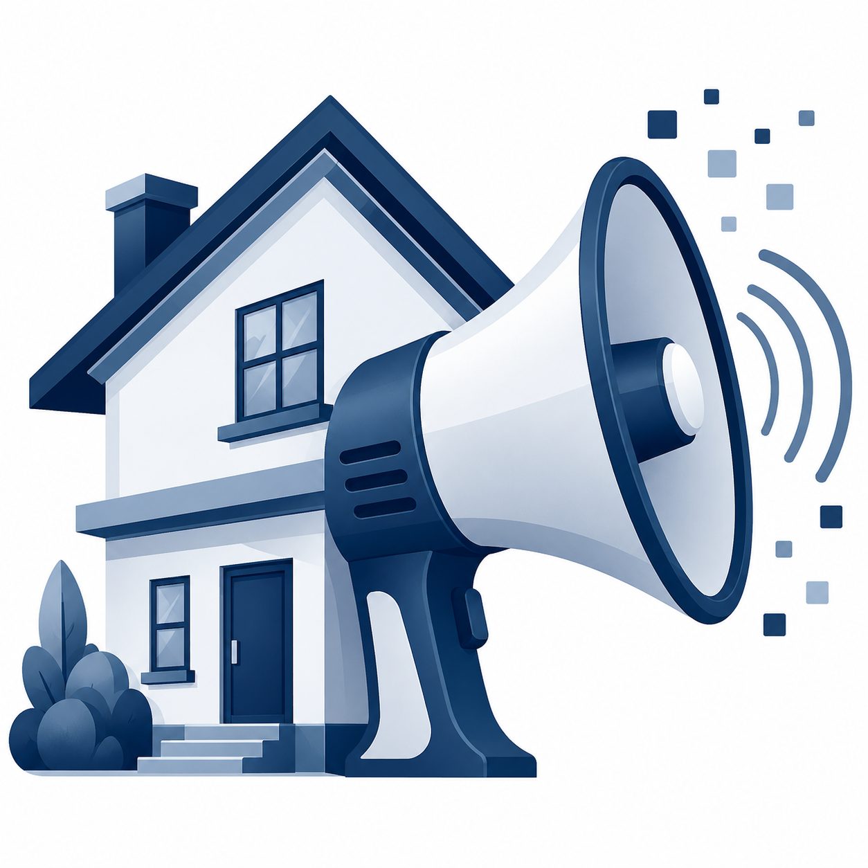 Icon showing a house with megaphone and digital attention signals representing online listing interest