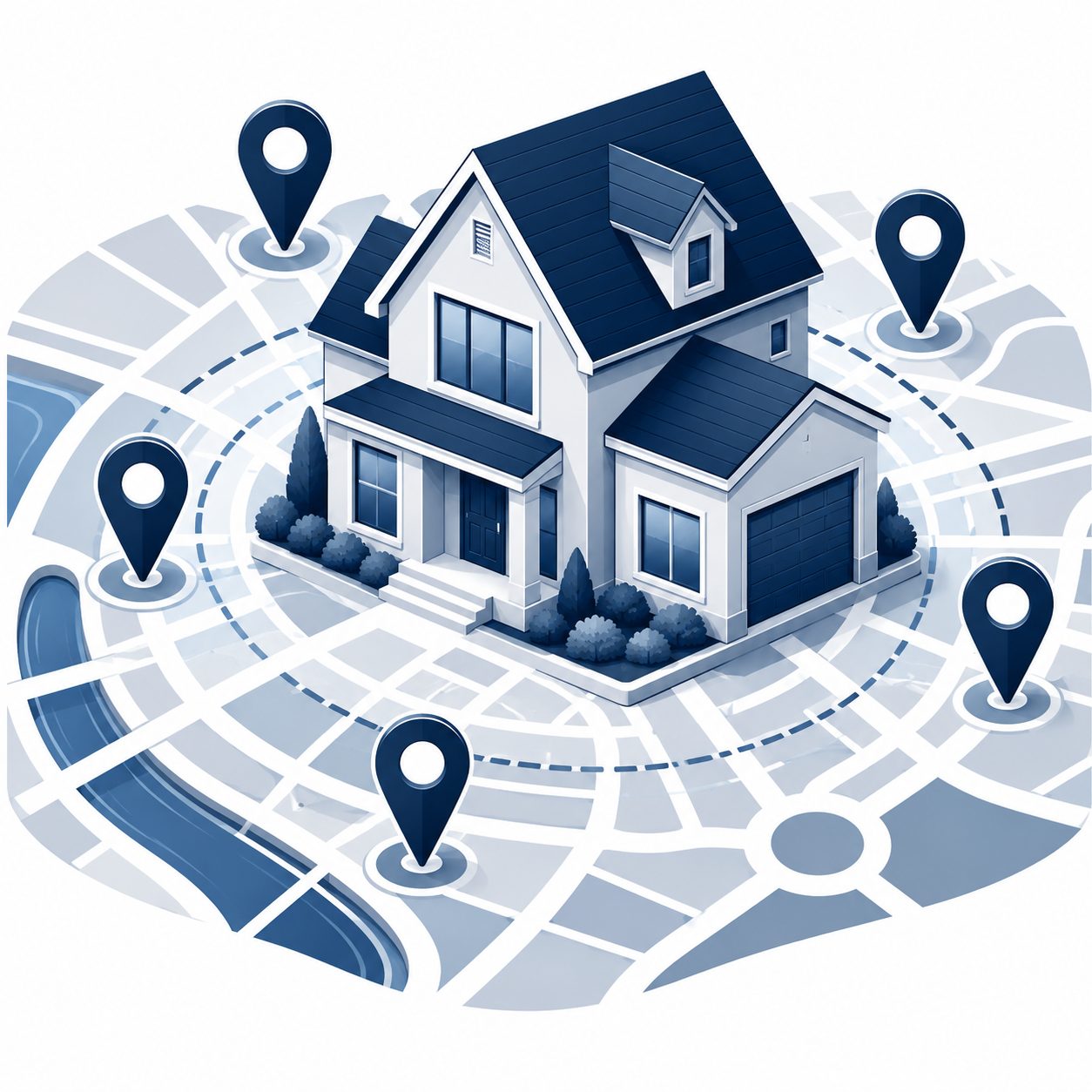 Icon showing a home on a neighborhood map with multiple location pins representing competing listings