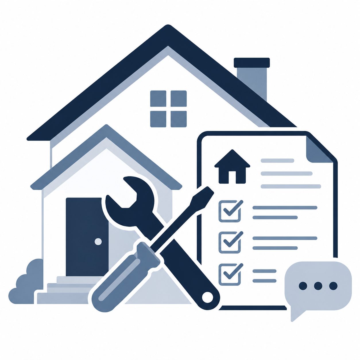 Icon showing a home, tools, checklist, and repair details representing agreed repairs before closing