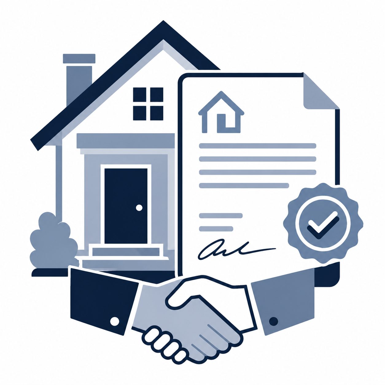 Icon showing a home, contract, and handshake representing included items in a home sale