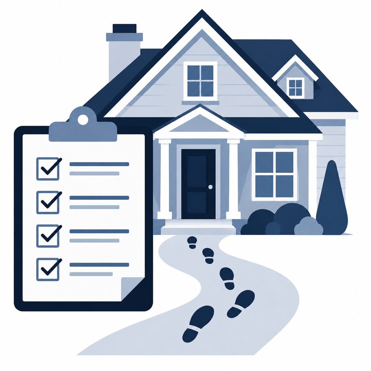 Icon showing a home, checklist, path, and completed items representing final walkthrough preparation