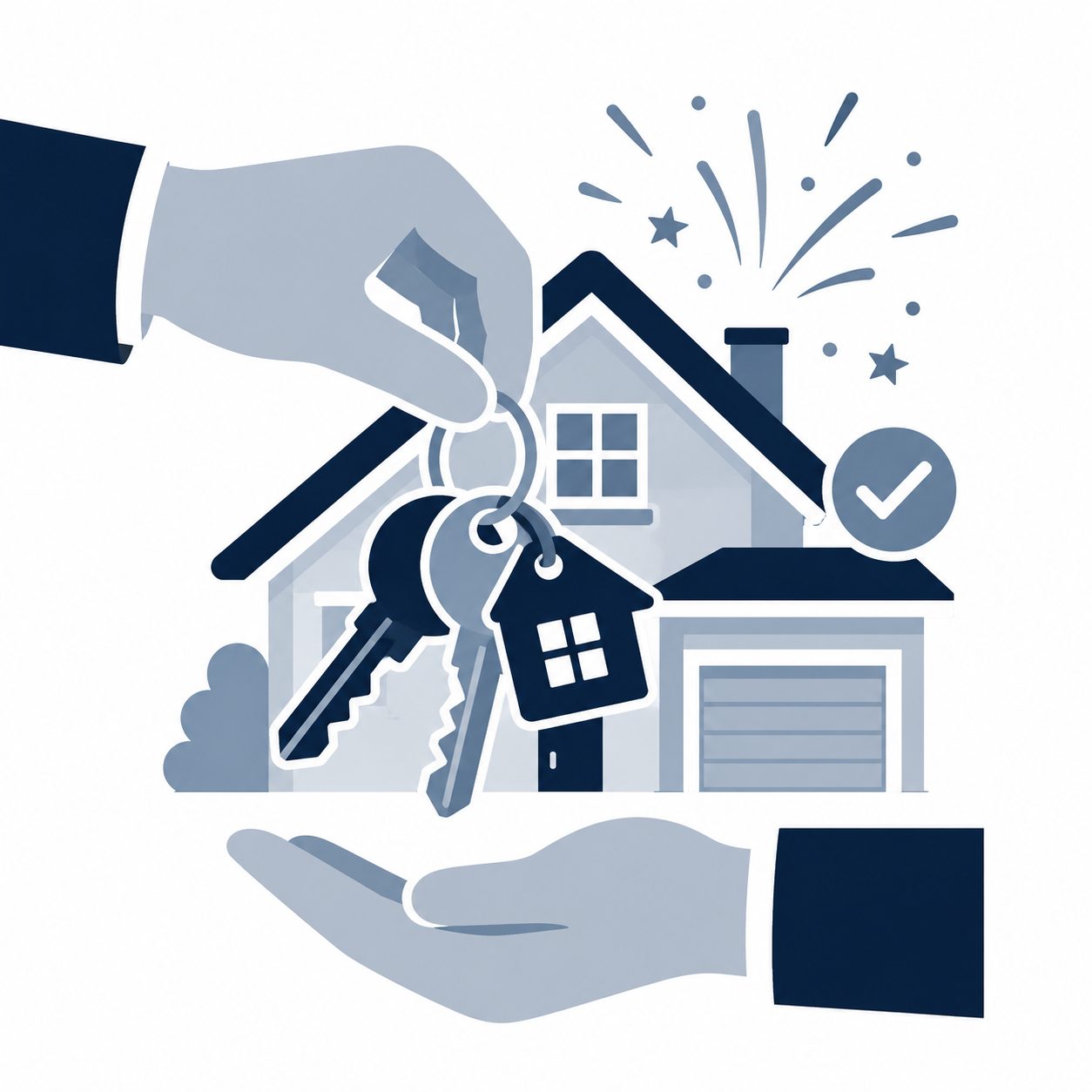 Icon showing a home with keys and handoff elements representing possession transfer on closing day