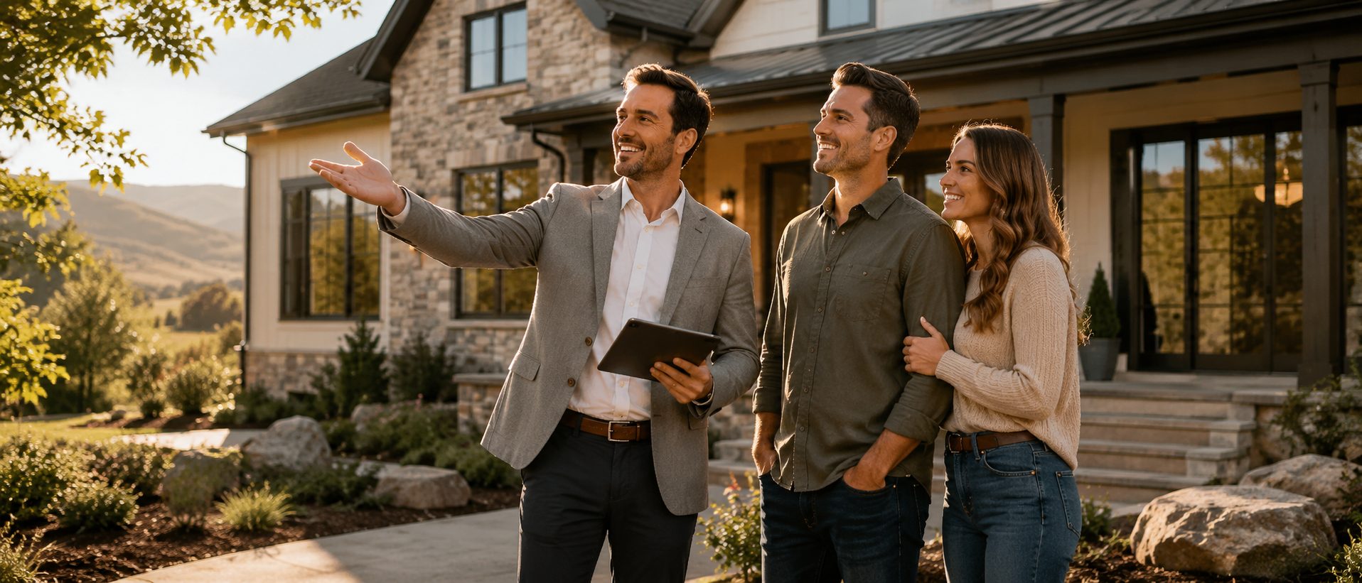 Wallace real estate agent advising homeowners outside an East Tennessee home