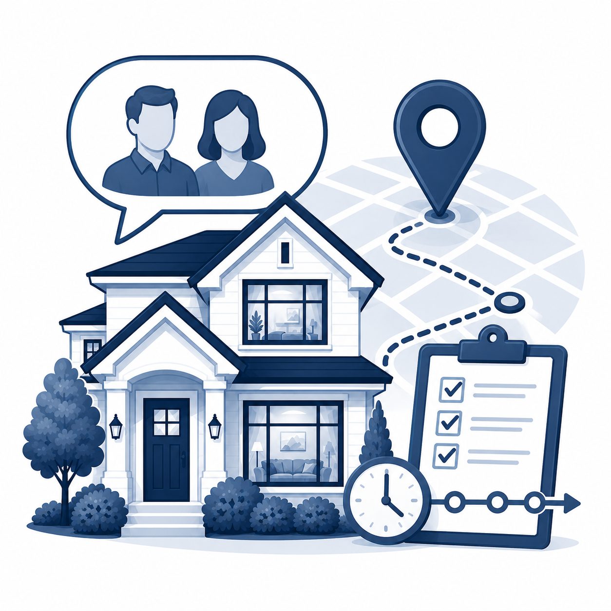 Personal client guidance icon showing real estate planning, timing, location, and next-step support.