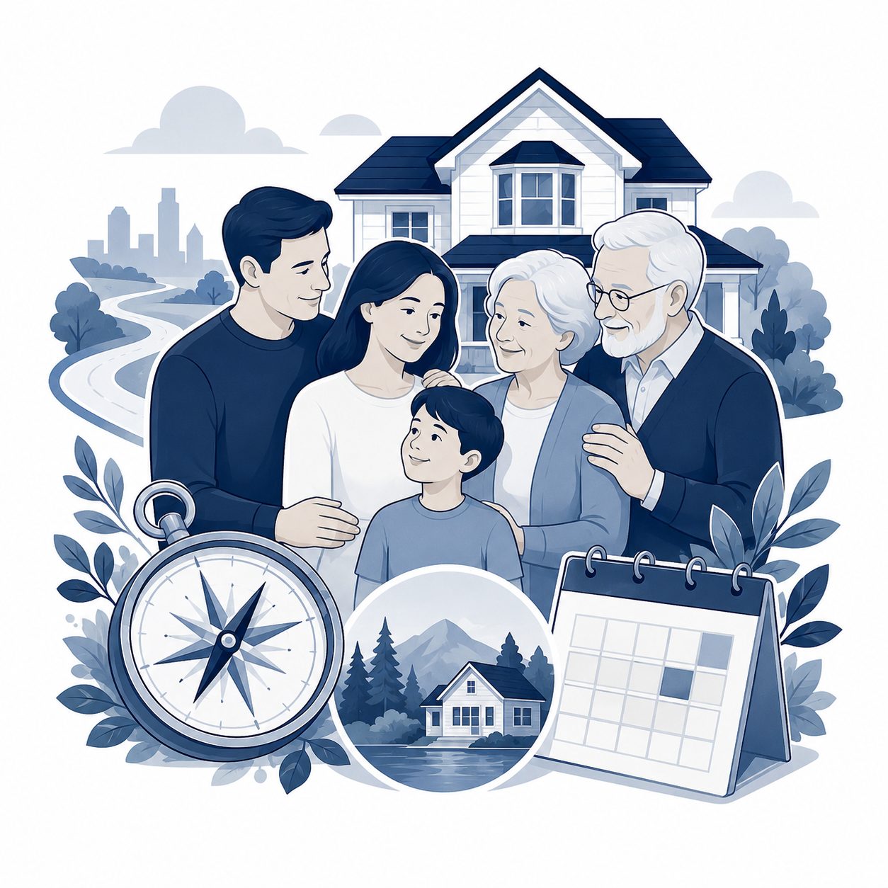 Family and future plans icon showing family members, a compass, and calendar for second home, retirement, and future move guidance.
