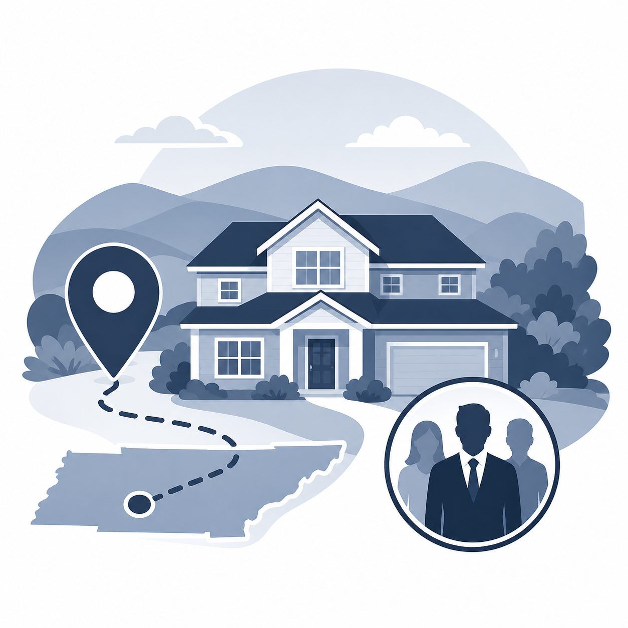 Moving to East Tennessee relocation icon showing a home, local map marker, and real estate agent connection.