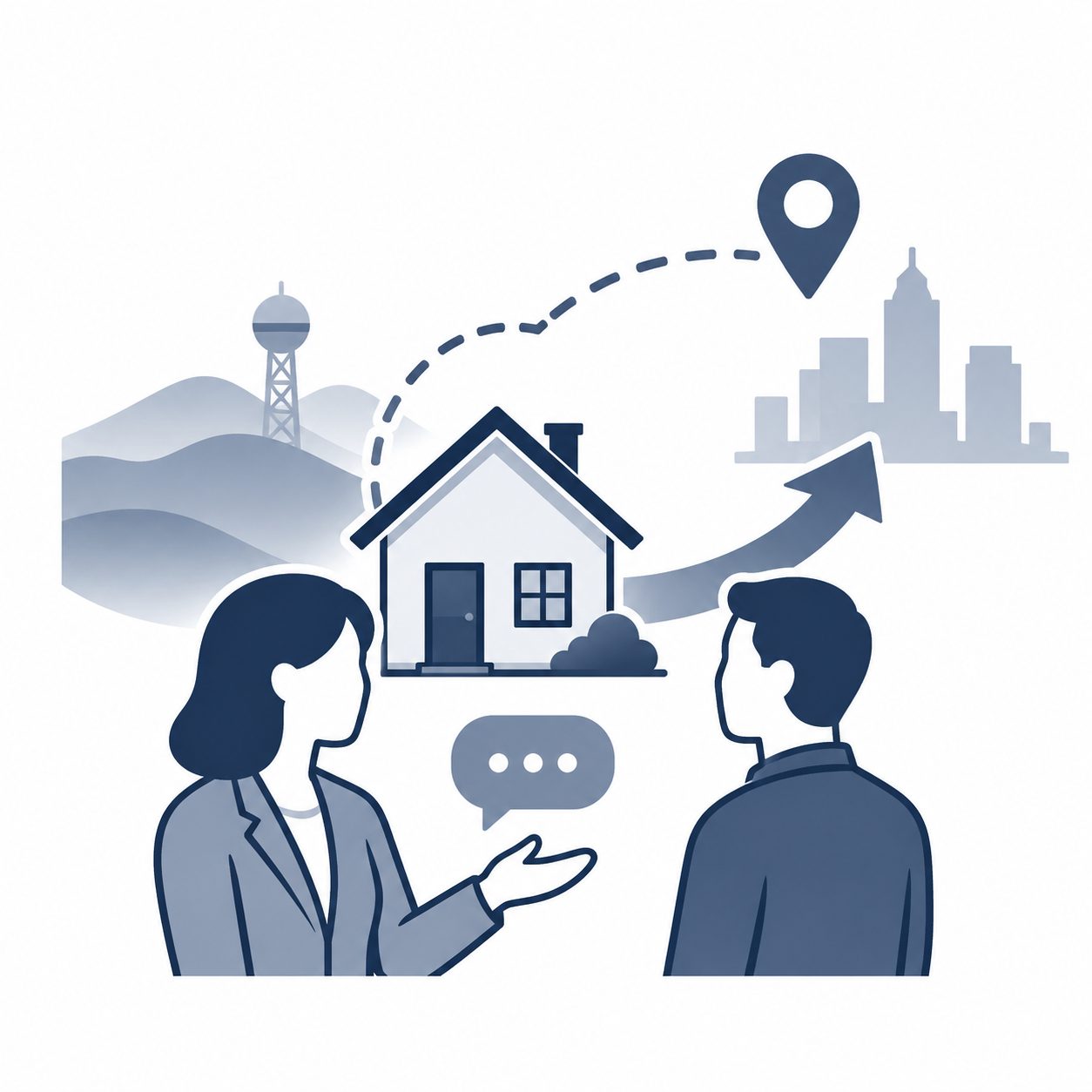 Moving out of East Tennessee icon showing referral guidance, a home, destination path, and real estate consultation.