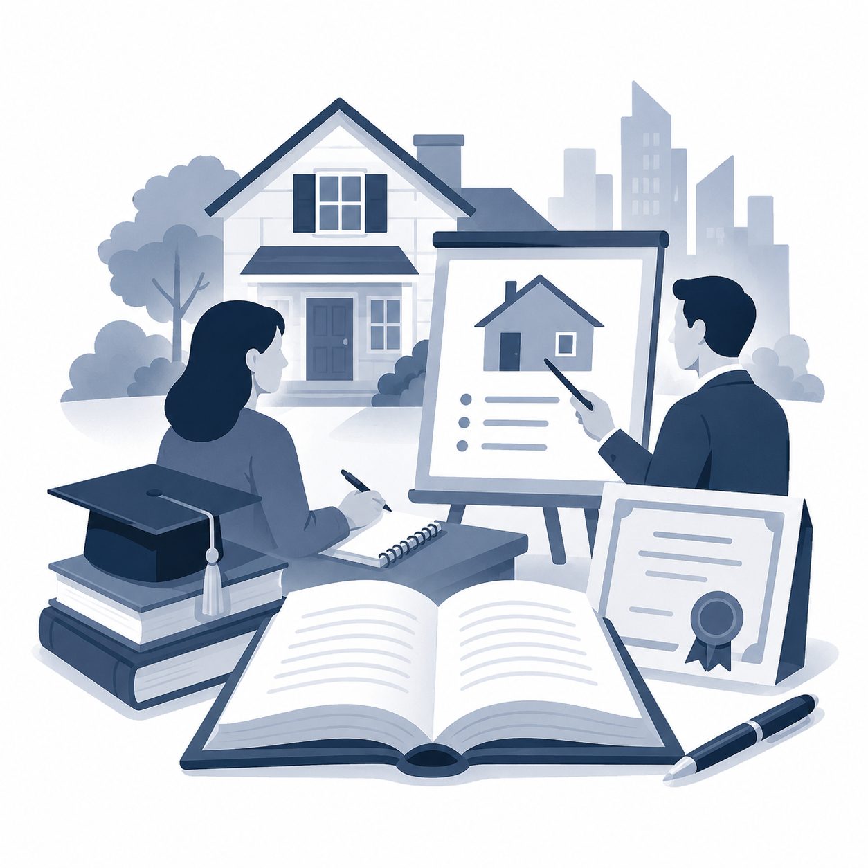Real estate agent training and education icon showing learning resources, property instruction, and career development support.